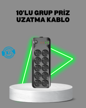 Termal Akım Korumalı 10’lu Grup Priz USB Type-C Hızlı Şarj 2500W 2m Kablo - Lisinya