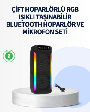 RGB Işıklı Çift Hoparlörlü Taşınabilir Bluetooth Speaker ve Mikrofon - Lisinya