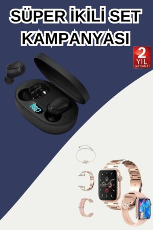 Nabız Ölçer Hediye Bileklikli Akıllı Saat ve Dijital Göstergeli Bluetooth Kulaklık Çoklu Şarj Girişi - Lisinya