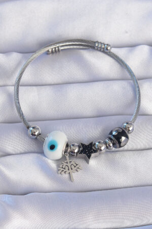 316L Çelik Gümüş Renk Siyah Zirkon Taşlı Yıldız Tasarımlı Ağaç Detay Nazarlı Charm Bileklik - Lisinya