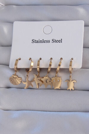 316L Çelik Gold Renk Zirkon Taşlı Hayvan Figürlü Deniz Yıldızı Model Halka Küpe Seti - Lisinya