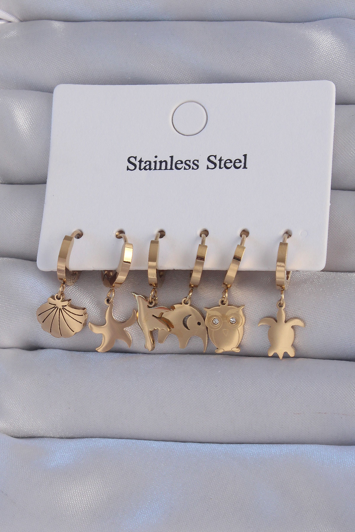 316L Çelik Gold Renk Zirkon Taşlı Hayvan Figürlü Deniz Yıldızı Model Halka Küpe Seti - Lisinya