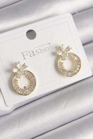 Pirinç Gold Renk Zirkon Taşlı Halka Model Çiçek Figür Kadın Küpe - Lisinya