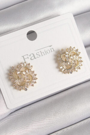 Pirinç Gold Renk Zirkon Taşlı Yonca Model Kadın Küpe - Lisinya