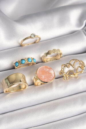 Pirinç Gold Renk Daire Pembe Mineli Zirkon Taş Detaylı 6'Lı Kadın Yüzük Seti - Lisinya