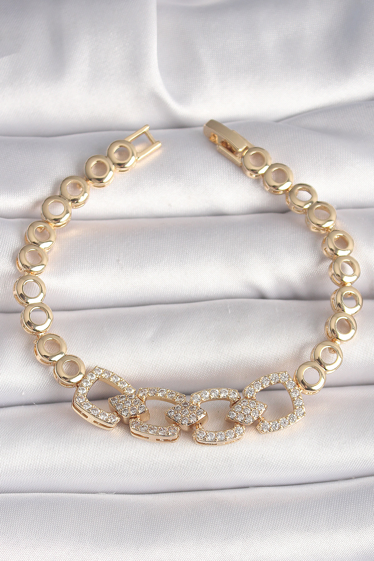 Pirinç Gold Renk Zirkon Taşlı Daire Zincir Model Kadın Bileklik - Lisinya
