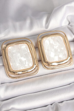 Pirinç Gold Renk Beyaz Mineli Kare Model Kadın Küpe - Lisinya