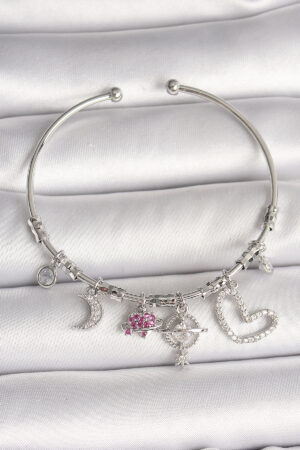 Pirinç Gümüş Renk Sallantı Zirkon Taşlı Gezegen Figür Kalp Detay Charm Kadın Bileklik - Lisinya