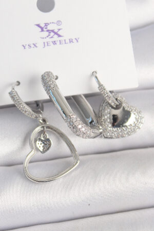 Pirinç Gümüş Renk Sallantı Zirkon Taşlı Kalp Model 3'Lü Kadın Kombin Küpe - Lisinya