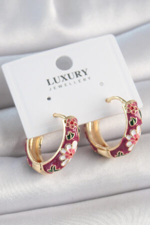 Pirinç Gold Renk Halka Mor Çiçek Mineli Kadın Küpe - Lisinya