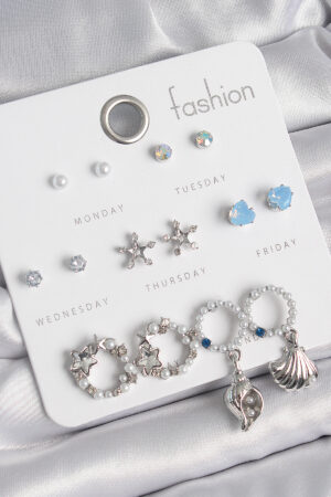 Pirinç Gümüş Renk İncli Zirkon Taşlı Halka Figür Yıldız Detay 7 Çift Kadın Küpe Seti - Lisinya