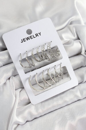 Pirinç Karışık Halka Model Gümüş Renk 6 Çift Kadın Küpe Set - Lisinya