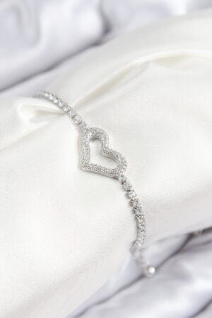 Pirinç Zirkon Taşlı Kalp Model Gümüş Renk Asansörlü Kadın Bileklik - Lisinya