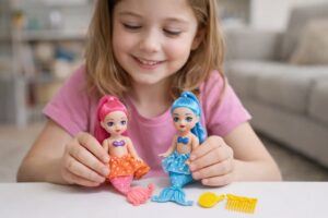 2'li Deniz Kızı Bebek Seti - Hareketli Eklemler ve Aksesuarlı - Pembe & Mavi (Lisinya)