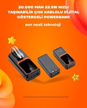 Powerbank 20000 mAh | 22.5W Hızlı Şarj, Dahili Kablolu, LCD Ekranlı Şarj Cihazı - Lisinya
