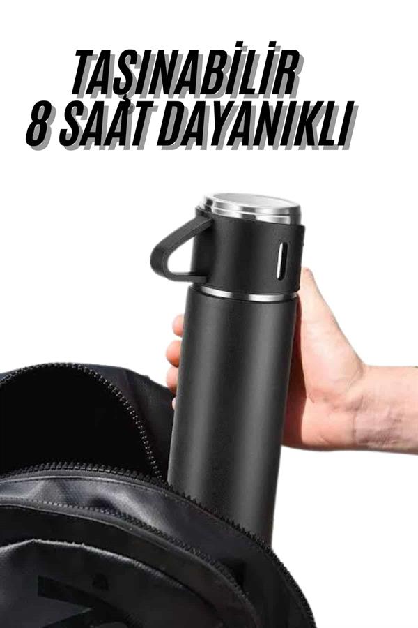 Termos Seti 3'lü Bardak Seti Isı Dayanıklı Siyah Paslanmaz Çelik Vakumlu - Lisinya